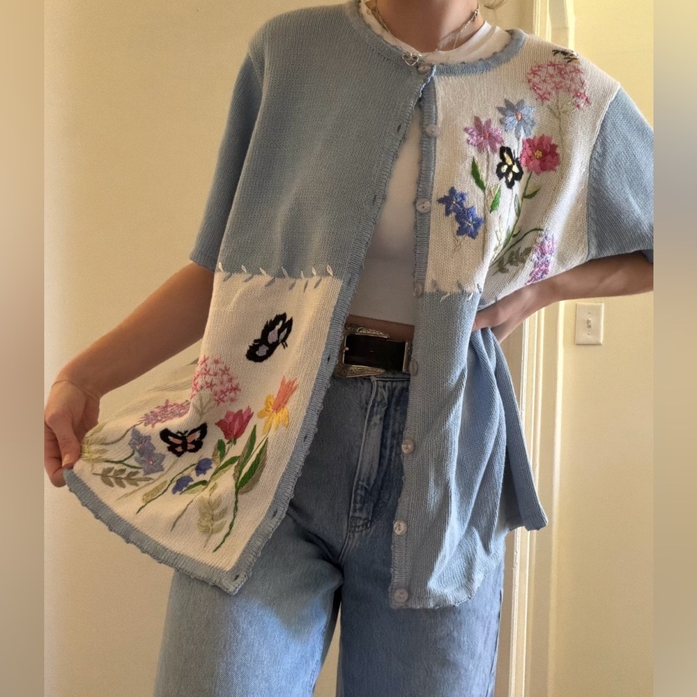 Embroidered Blue & White Floral Button-Up Cardigan